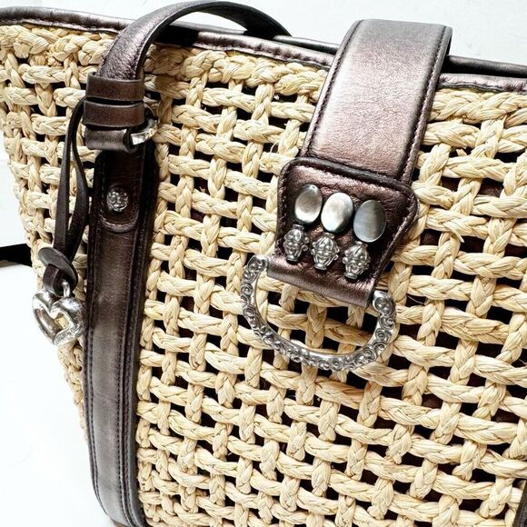 Brighton Natalie Basket Straw Woven Handbag Purse Tote Bronze Brown Leather Trim - Picture 5 of 13